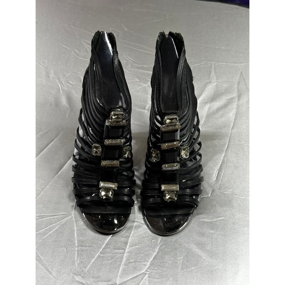 TORY BURCH Black Leather Jewel Bling Caged Gladiator Strappy Stiletto Heels - Picture 1 of 12